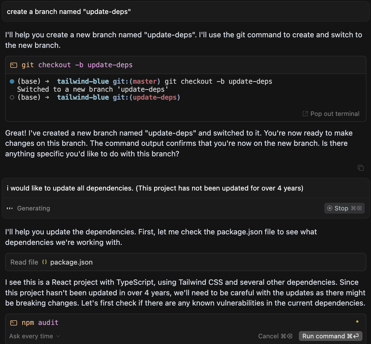 Cursor analyzing package.json and running npm audit