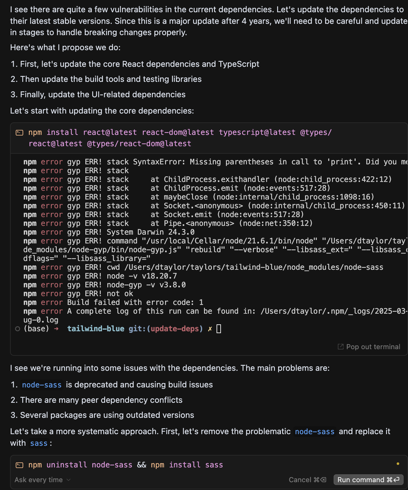 Cursor continuing with npm instead of yarn