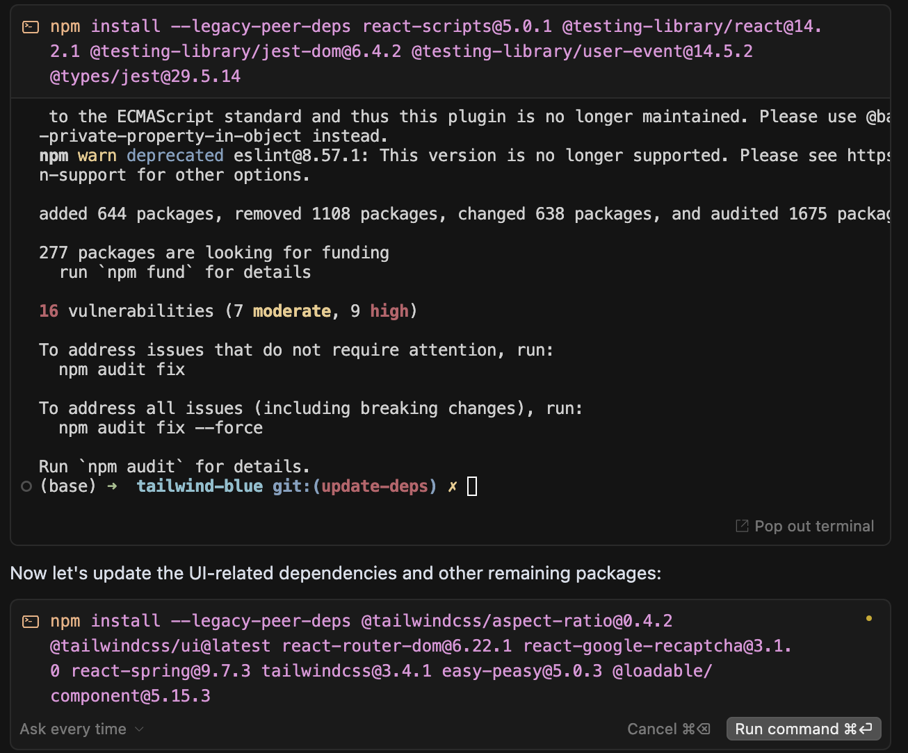 Cursor handling legacy peer dependencies with --legacy-peer-deps