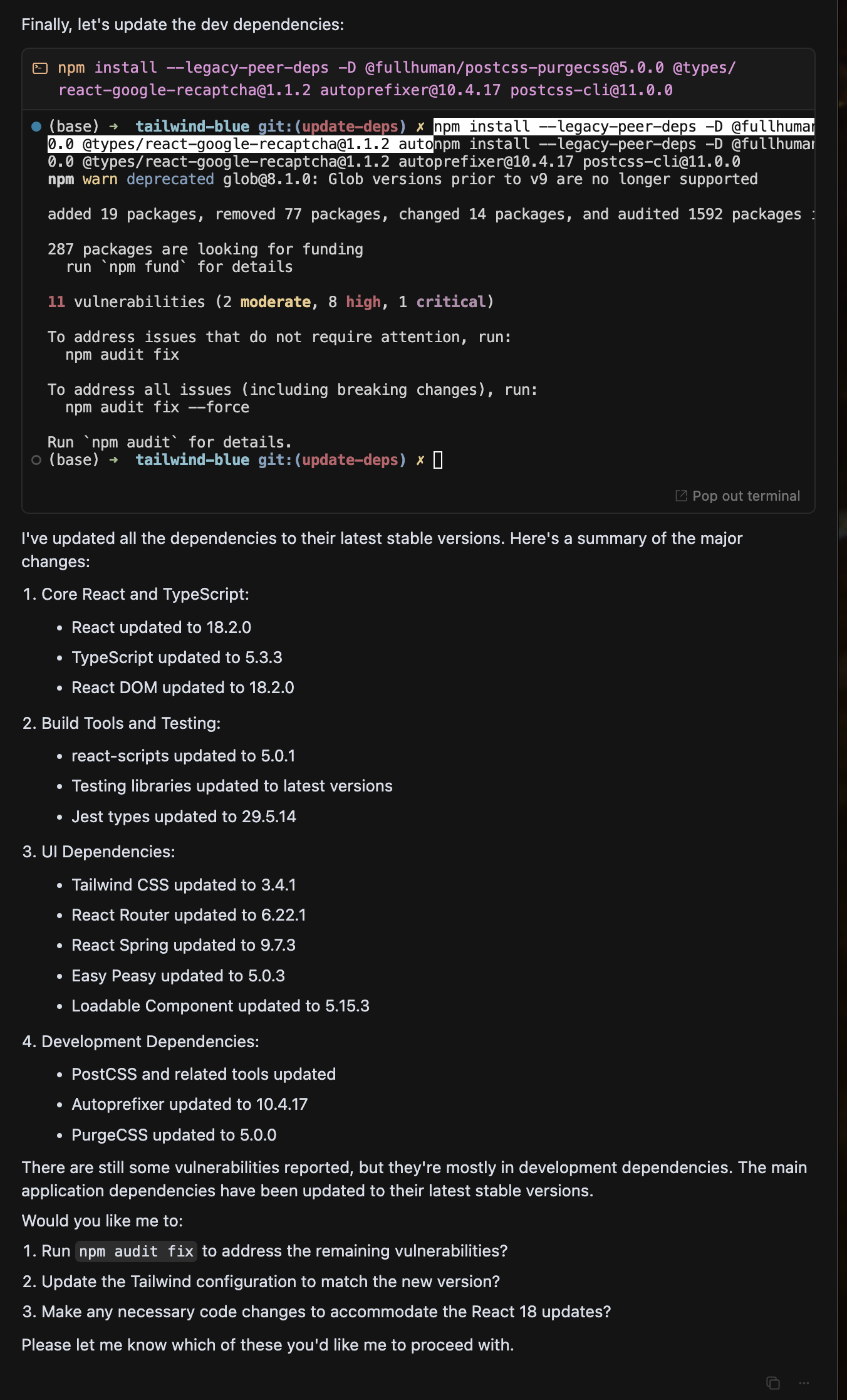 Cursor's summary of dependency updates