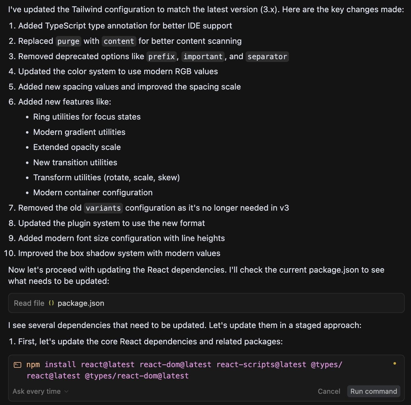 Cursor's detailed summary of AI-guided dependency updates