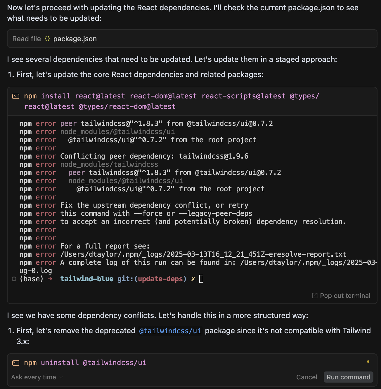 Cursor removing @tailwindcss/ui to resolve dependency conflicts