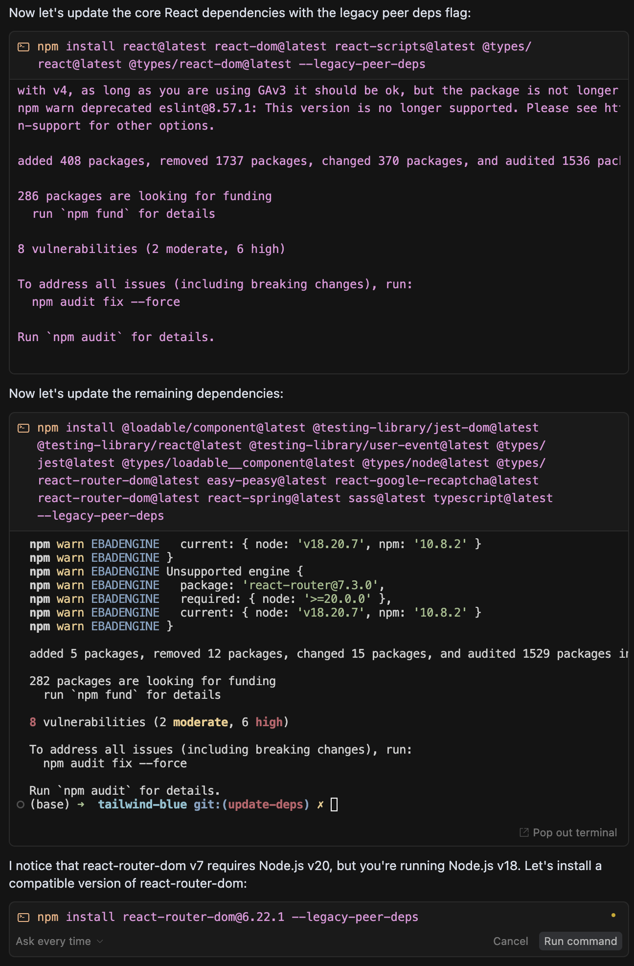 Cursor updating React legacy dependencies