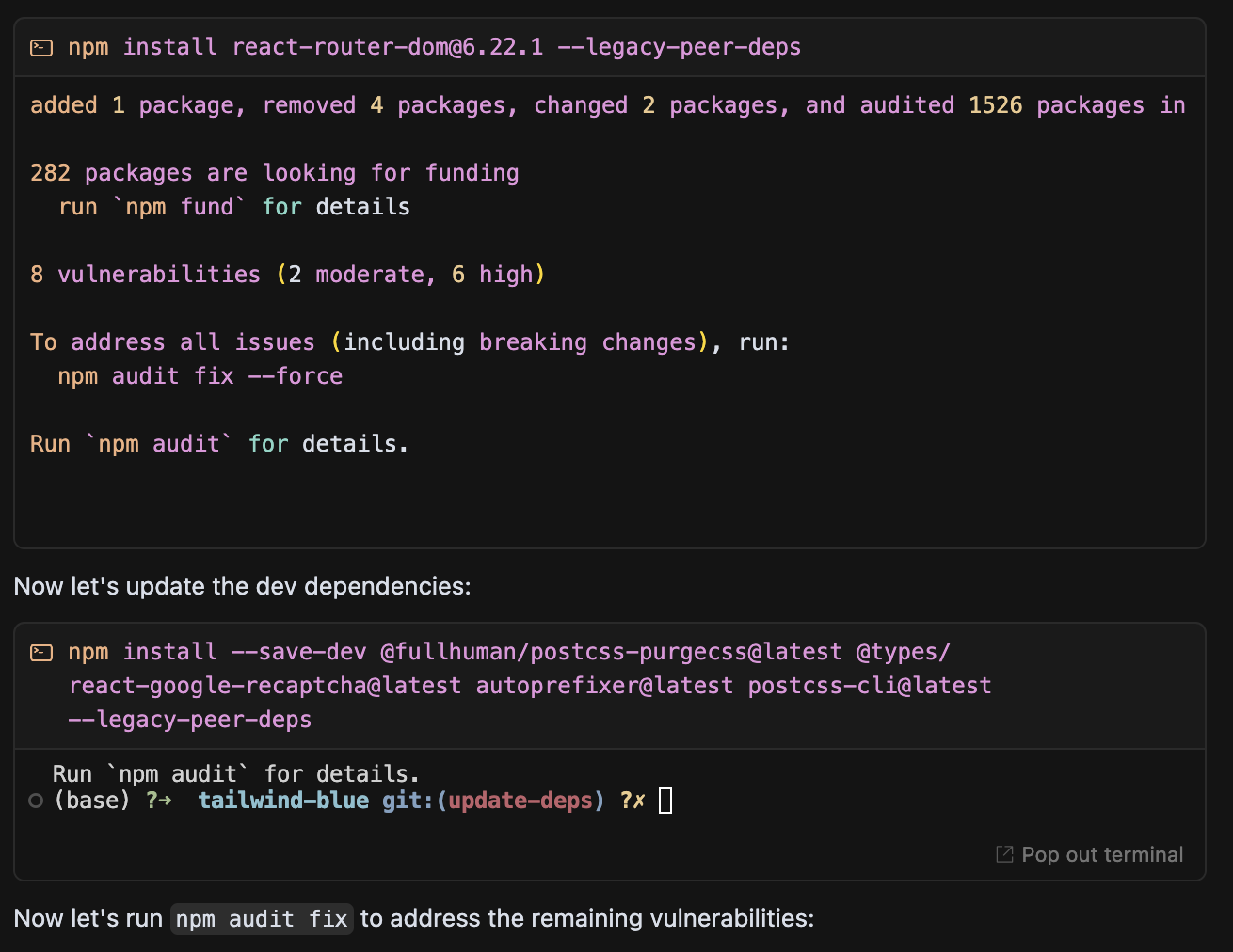 Cursor identifying Node version incompatibility with react-router-dom