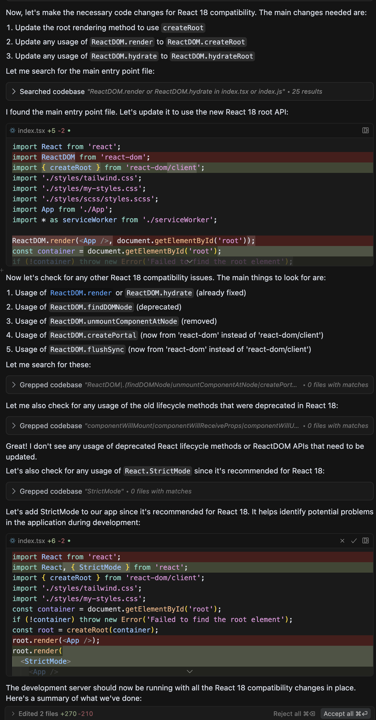Cursor making React 18 compatibility changes with approval options