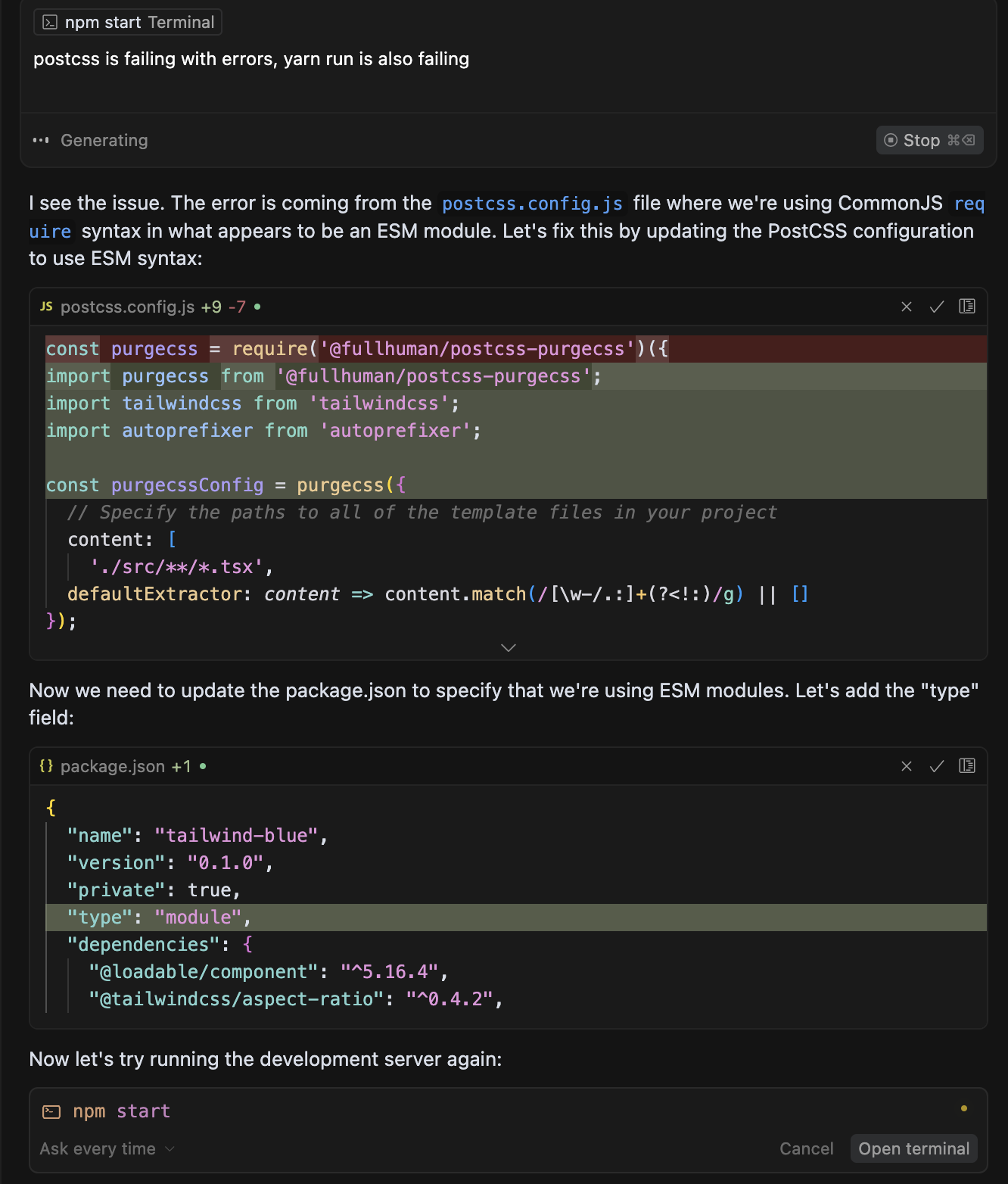 Cursor updating postcss to ESM module syntax