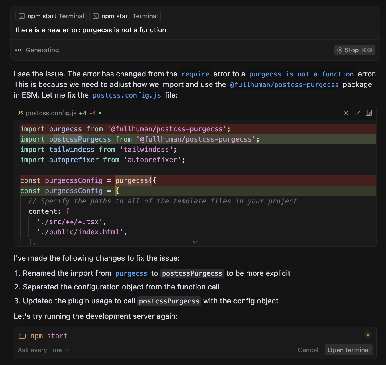 Cursor running npm start after postcss fix