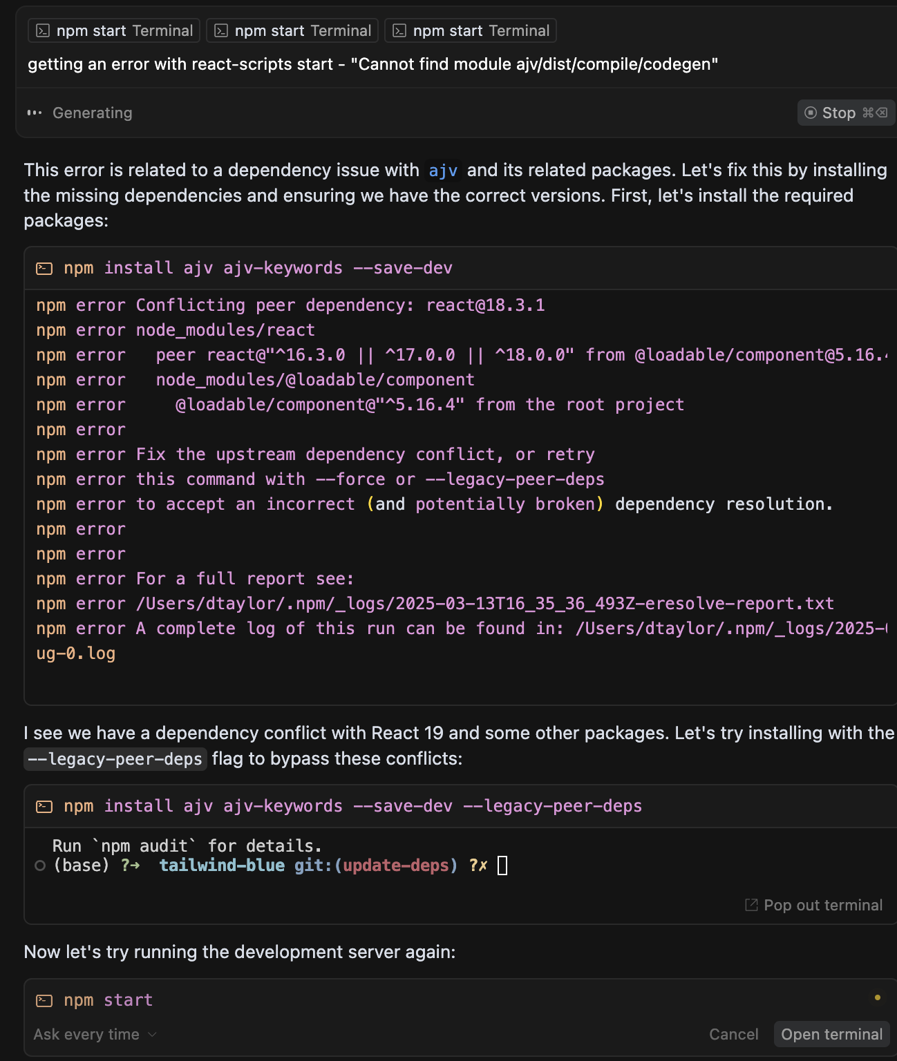 Cursor resolving ajv dependency issues